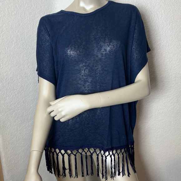 Esperanza Tops Esperanza New York Brand Blue Draped Sleeve Fringe